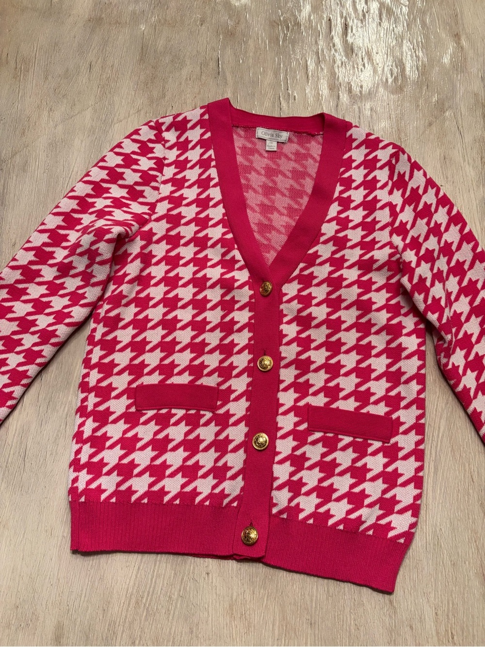 Olivia Sky Pink Houndstooth V-Neck Cardigan Sweater Small